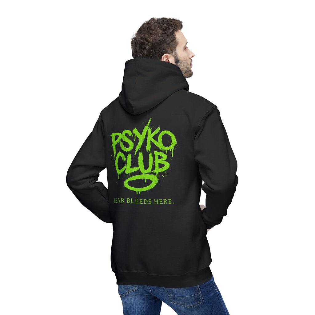Psyko Club, Fear Bleeds Here Unisex Hooded Sweatshirt, Fear Bleeds Here, Trendy Streetwear, Perfect for Parties, Halloween, Cozy Casual Wear
